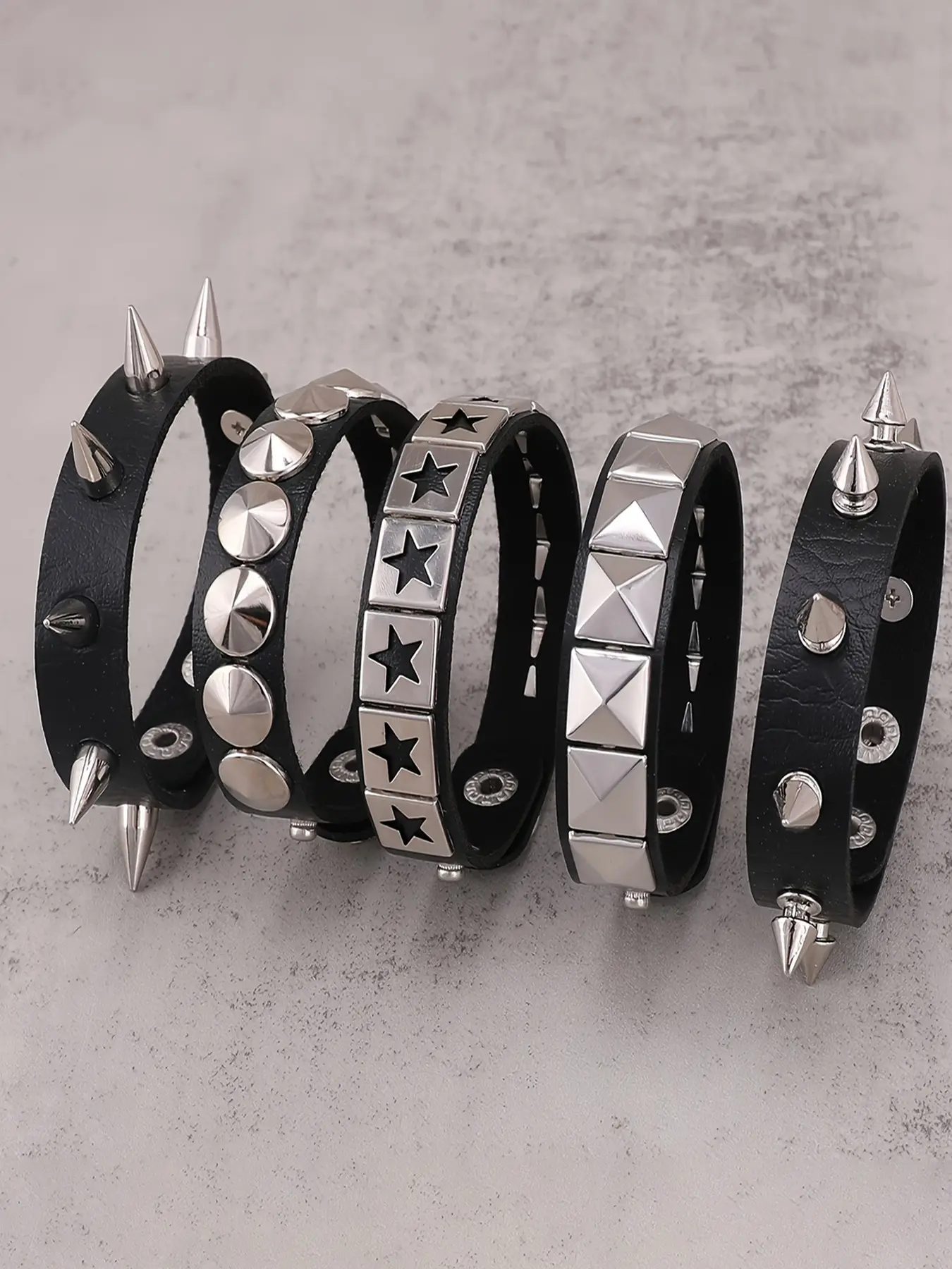 5-Piece Punk Leather Bracelet Set, Spiked Studded Bracelet, Unisex Spiked Rivet Wristbands, Gothic Star Pyramid Stud Cuff Bracelets, Adjustable Black PU Leather Wrist Cuffs, Rock Streetwear Accessories for Men and Women, E-Girl Aesthetic Outfit Jewelry