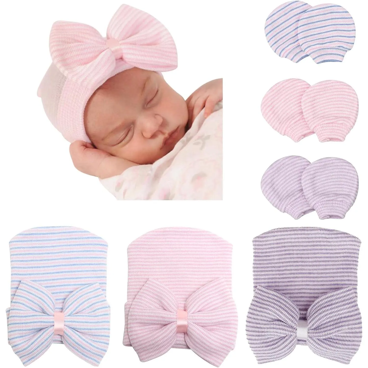 Newborn Hospital Hat and Mittens Infant  Beanie Soft Cotton Cute Knot Nursery Cap  0-3 Months Girls Boys bonnets protector baby
