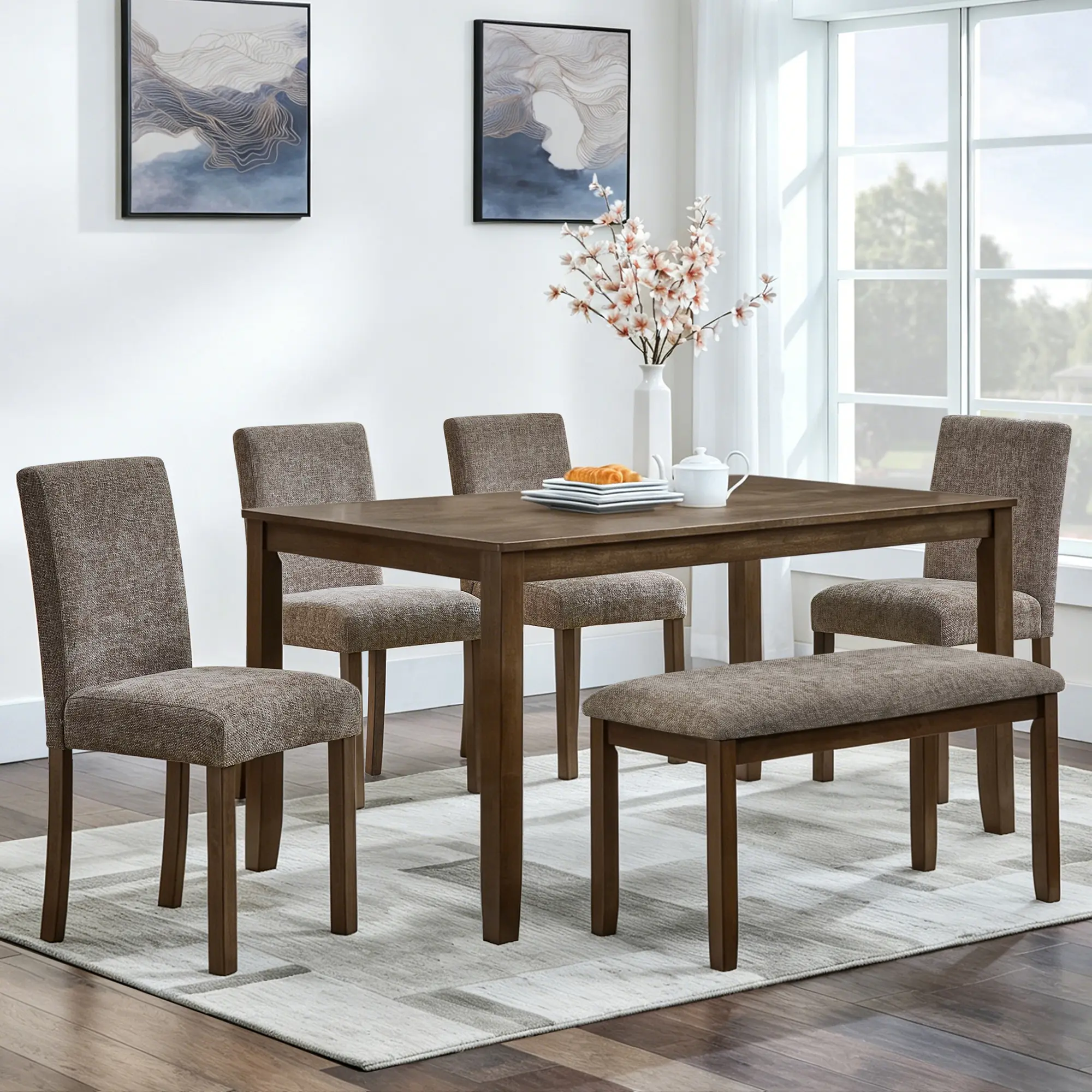 ARCH 6-Piece Dining Table Set for 6 People, Farmhouse Rustic Wooden Kitchen Table Set with 4 Upholstered Chairs and Bench, Rectangular MDF and Rubberwood Dining Room Set, Walnut Finish, Seats Six, Easy Assembly, Walnut Color Options
