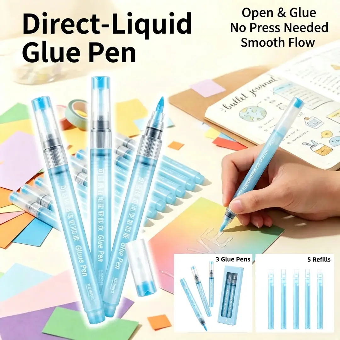 Refillable Direct Liquid Glue Pen 1mm Fine Tip Precision Clear Glue Stick Pen for DIY Scrapbooking Journal Paper Craft Origami 3D Model Making Portable Student Handcraft Adhesive Glue Pen with Replacement Refill