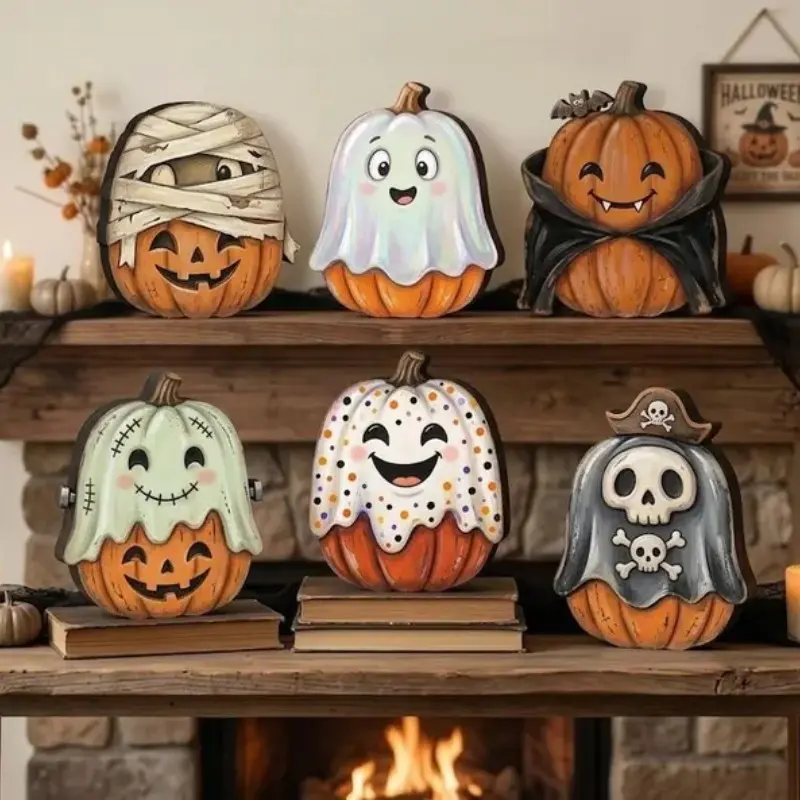 6 Vintage Halloween Pumpkin Wooden Desktop Decorations, Mummy Ghost Vampire Frankenstein Glitter Pirate Skull Patterns, Rustic Fall Fireplace Decor