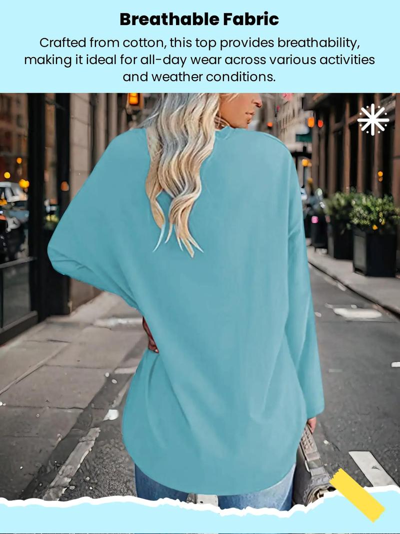 Plus Size Solid Drop Shoulder V Neck Tee, Casual Long Sleeve T Shirts for Women for Daily Wear, Women Plus Clothing for All Seasons, Fall Outfits, Fallfreshness Y2K, Fall clothes 2024
