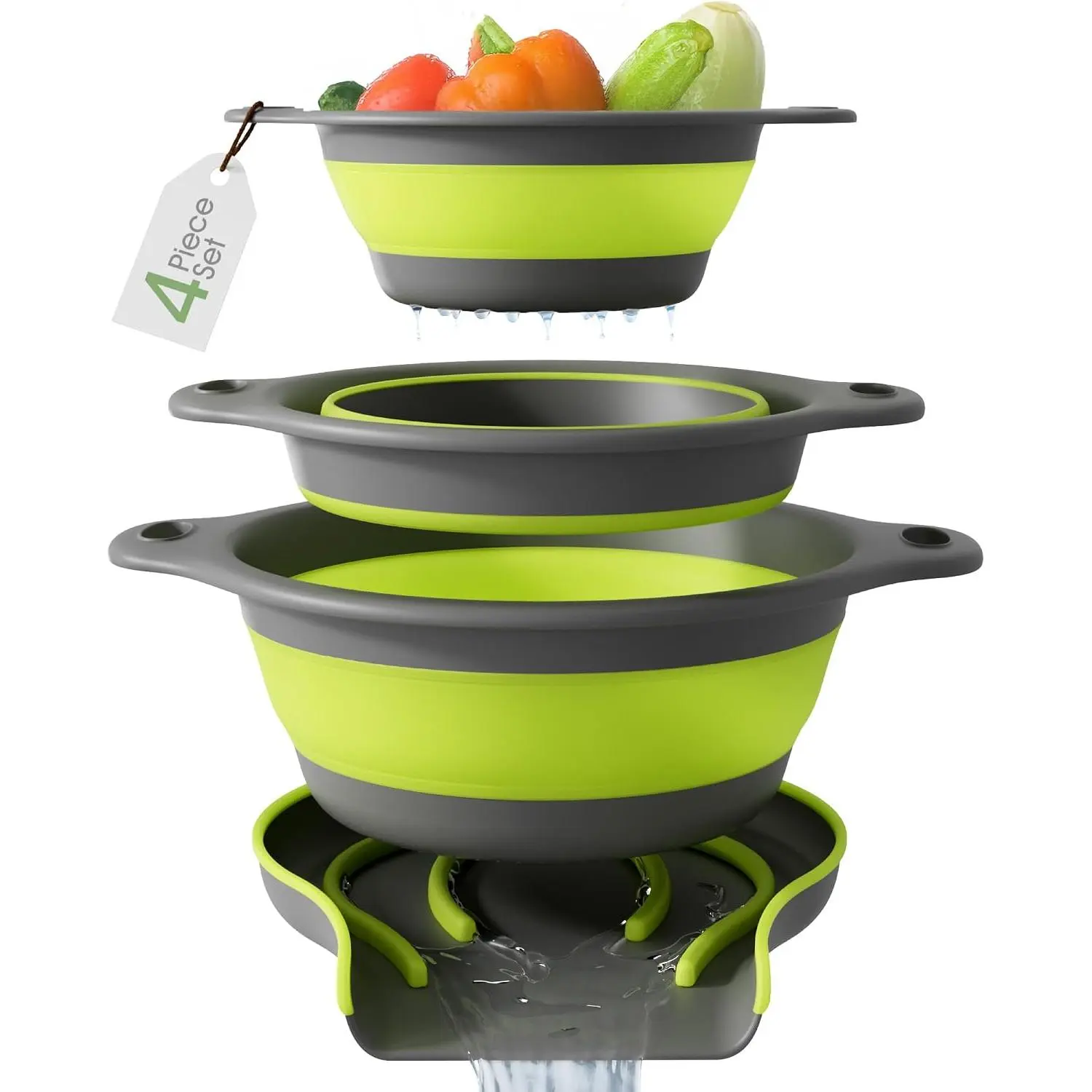 3-Pack Collapsible Colanders with Self-Draining Base, Over Sink-   Strainers, Small/Med/Large Sizes, Nesting for Easy Compact Storage (3Qt, 4Qt, 5-Quart Set) Green/Gray