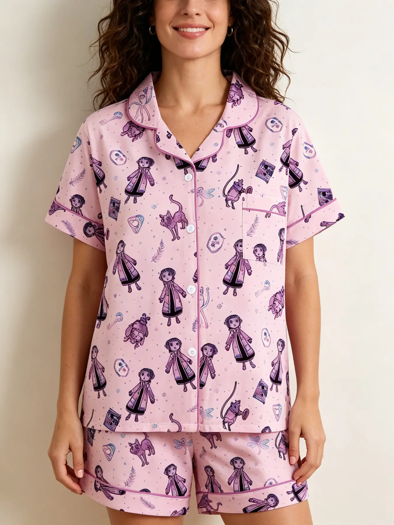 Caroline Halloween Summer Pajama Set, Pyjamas, Cartoon Pattern Button Front Two-Piece, Soft Comfortable Women's Sleepwear, Loungewear, Movie Theme Gift, Nightwear Loungewear Set