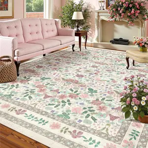 Deerly Floral Washable Rugs 8x10 Large Vintage Living Room Faux Cashmere Carpet Boho Non-Slip Soft Low Pile Thin BedroomIndoor for Dining Room Playroom Nursery Farmhouse, Beige/Light Pink/Multi
