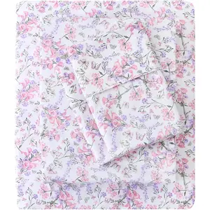 Cozy Vintage Microfiber Printed Queen Sheet Set - Soft Breathable Percale Cotton Floral Bed Sheets with Deep Pocket - Non-Slip Fitted Design - Pink Purple Flowers Pattern