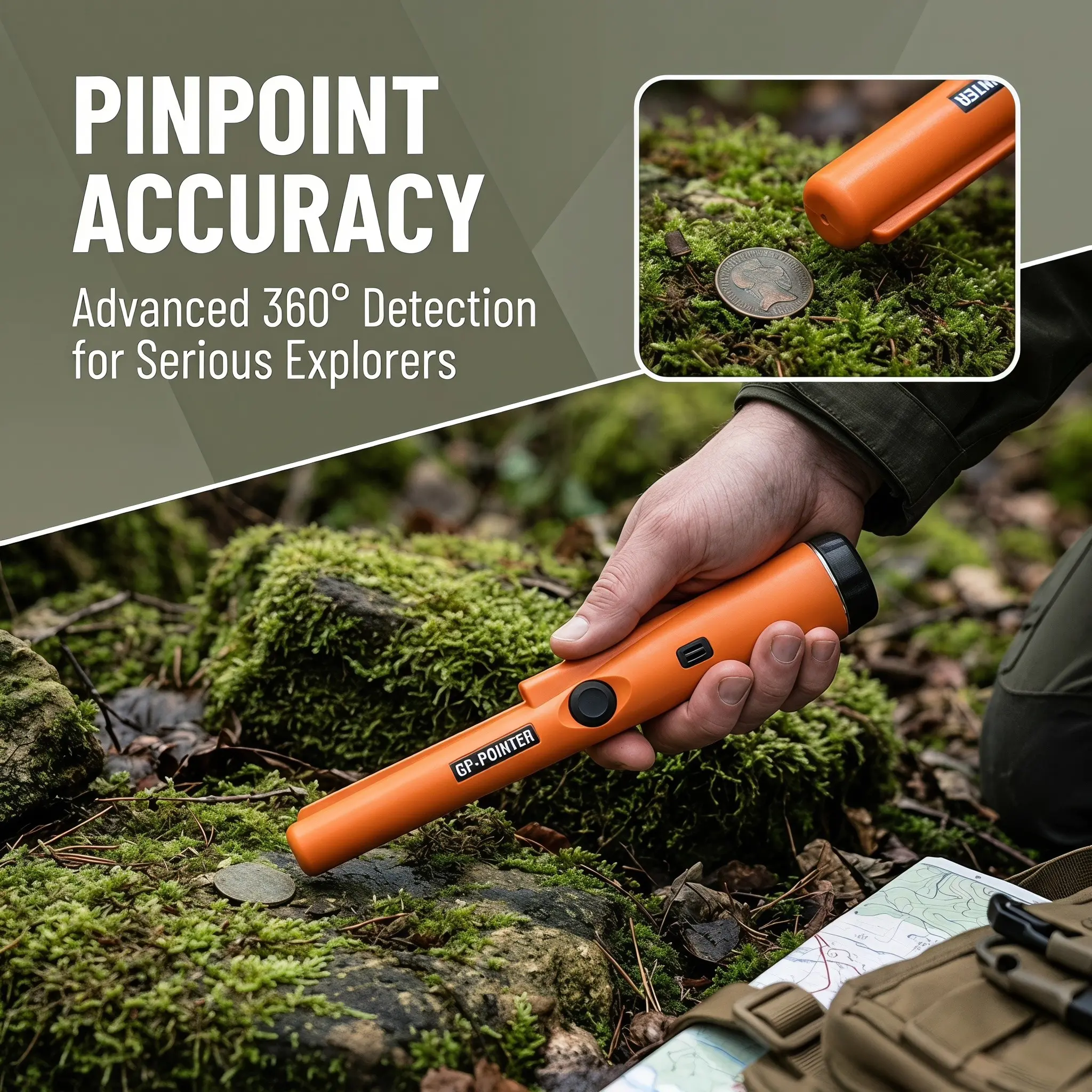Handheld metal detector, Detector Pinpointer | 360 ° all-round scanning+waterproof pointer instrument | 800mAh large capacity rechargeable battery | LED lighting | Adult and children's treasure hunting gold detector | Available in black, green colo
