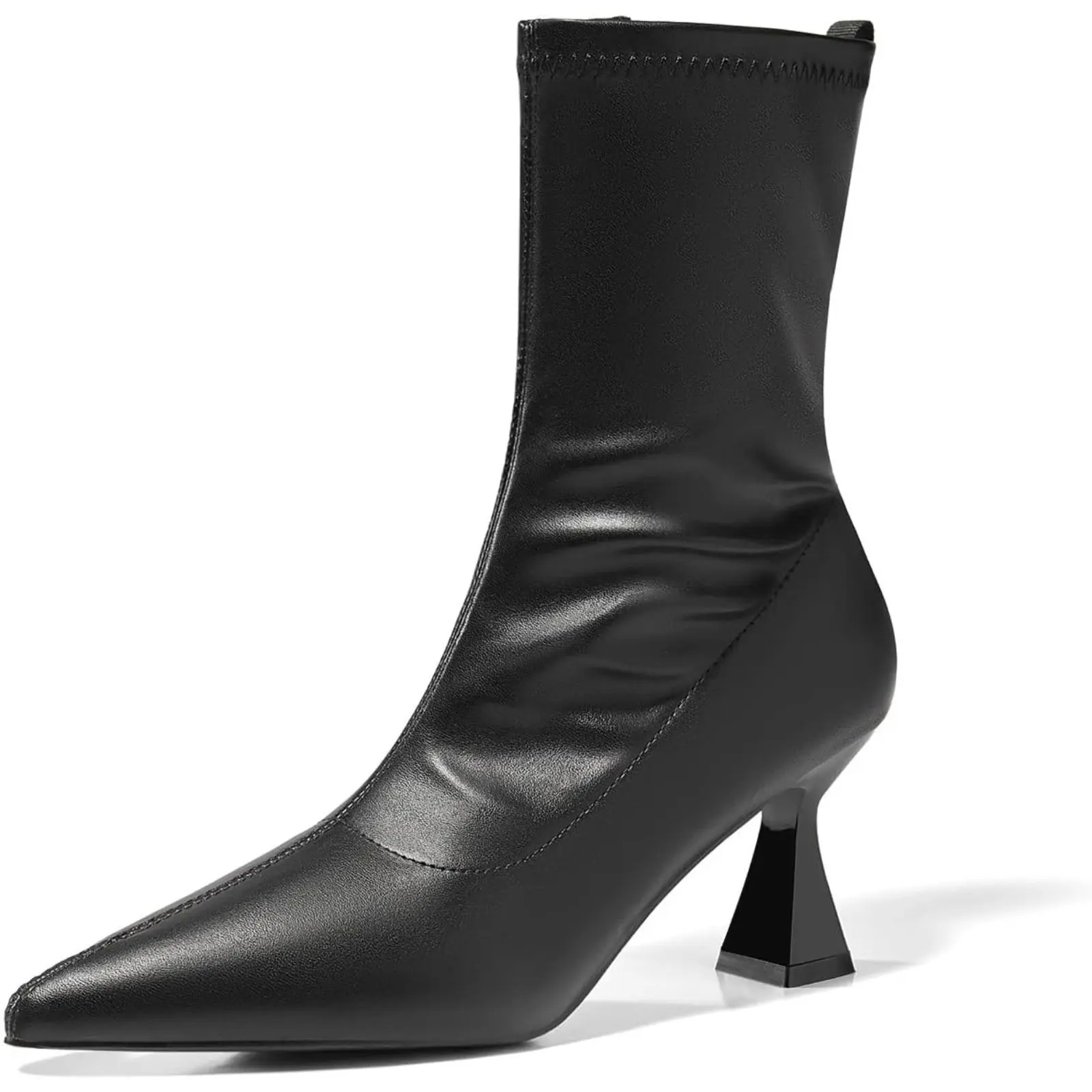 Coutgo Women's Plain Minimalist Casual Lightweight Leather & Faux Leather Ankle Boots - Pointed Toe, Low Kitten Block Heel, Side Zipper, Rubber Sole Dress Booties for Fall Office Wear, Fabric, Basic, All Seasons, Artificial Leather