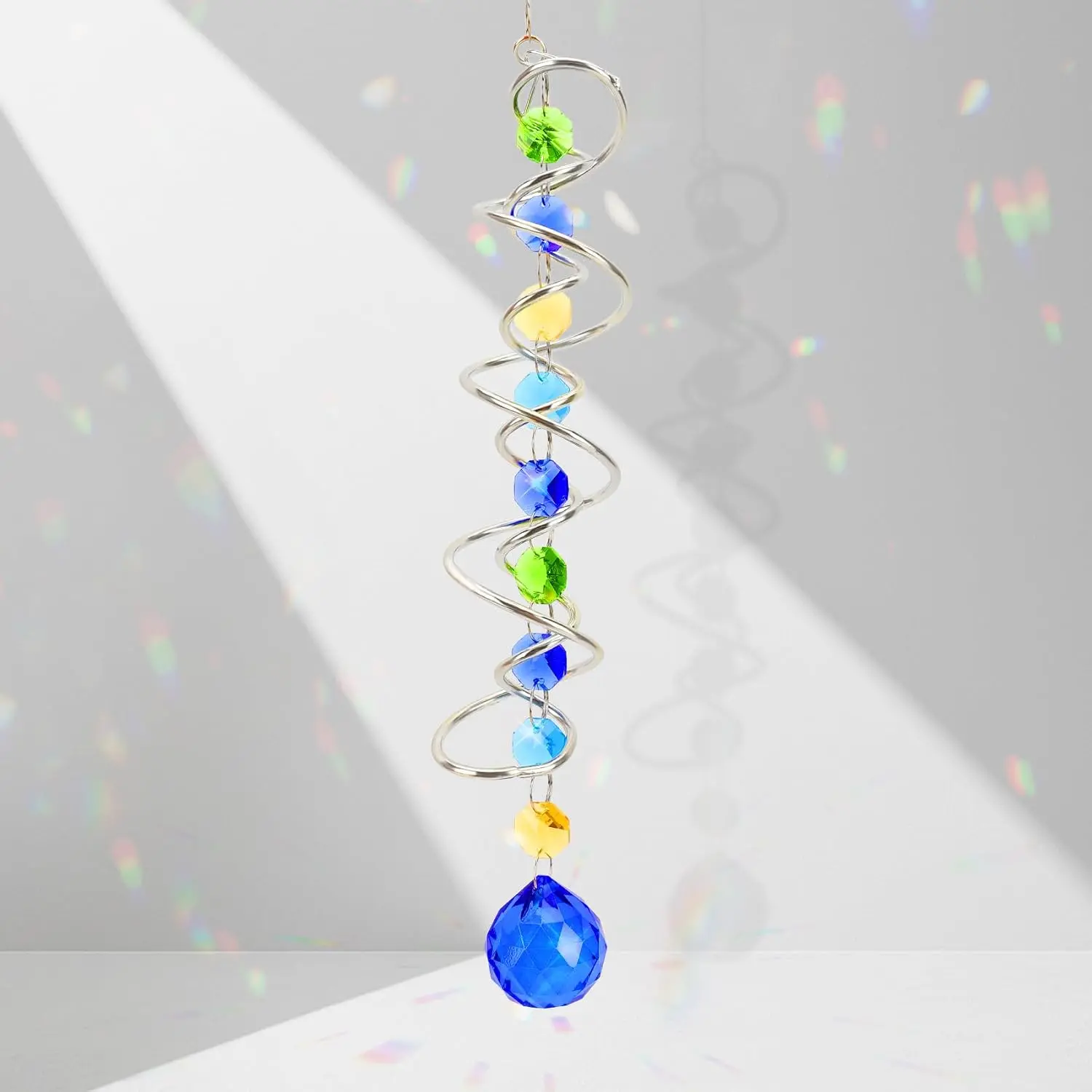 Hanging Suncatcher Wind Spinner with Blue Prism Ball Rainbow Maker, 17.7in Stainless Steel Dual-Use Decoration with Light, Colorful Hook for Indoor Room Window & Outdoor Garden, Girl Gift Idea
