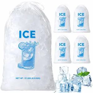 25-Pack 15lb Drawstring Ice Bags, Transparent PE Plastic Ice Block Storage Pouches for Parties and Coolers