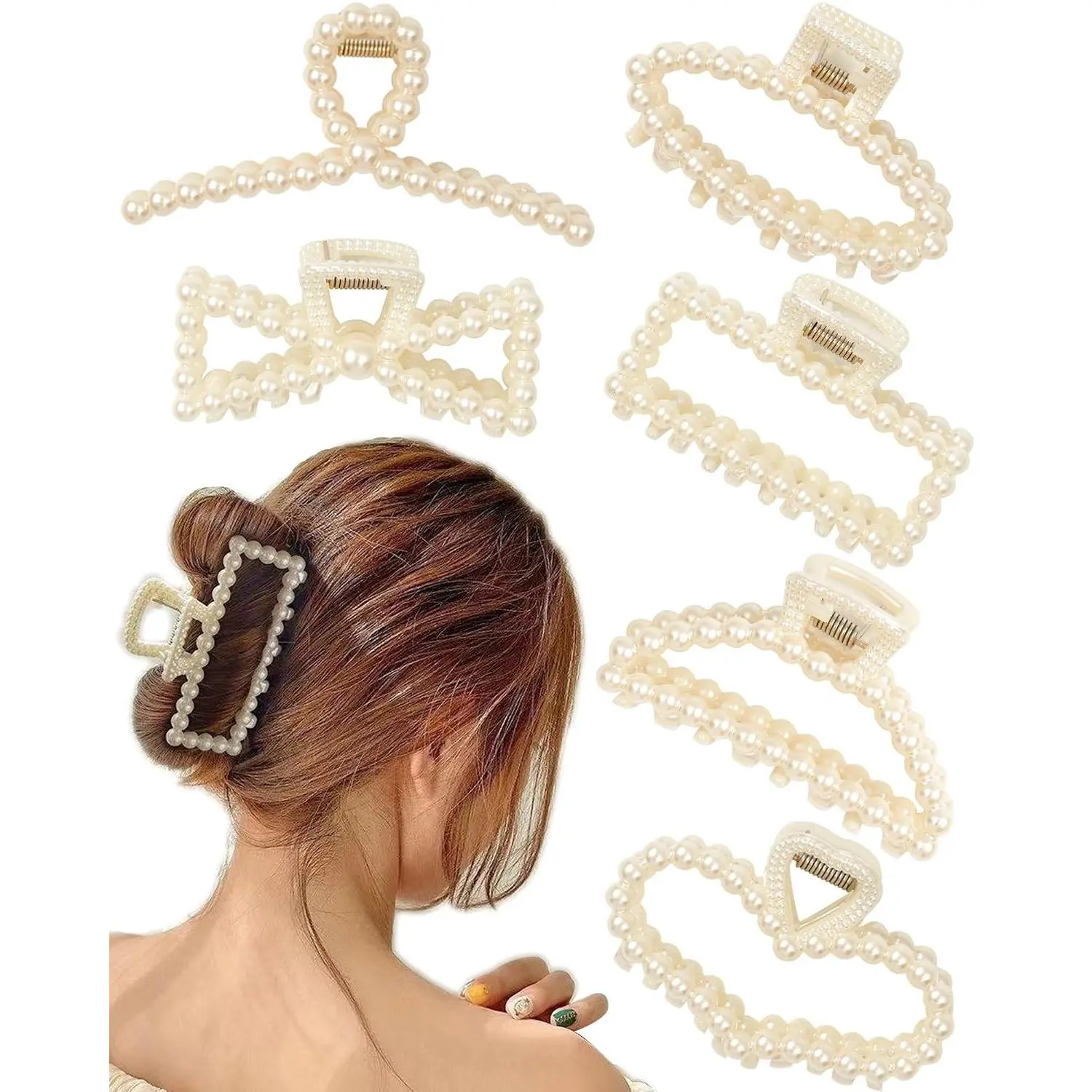 6 PACK Large White Pearl Hair Claws, Strong Hold Non-Slip Jaw Barrettes for Thick Hair, Wedding Styling Gift Accessories for Women and Girls