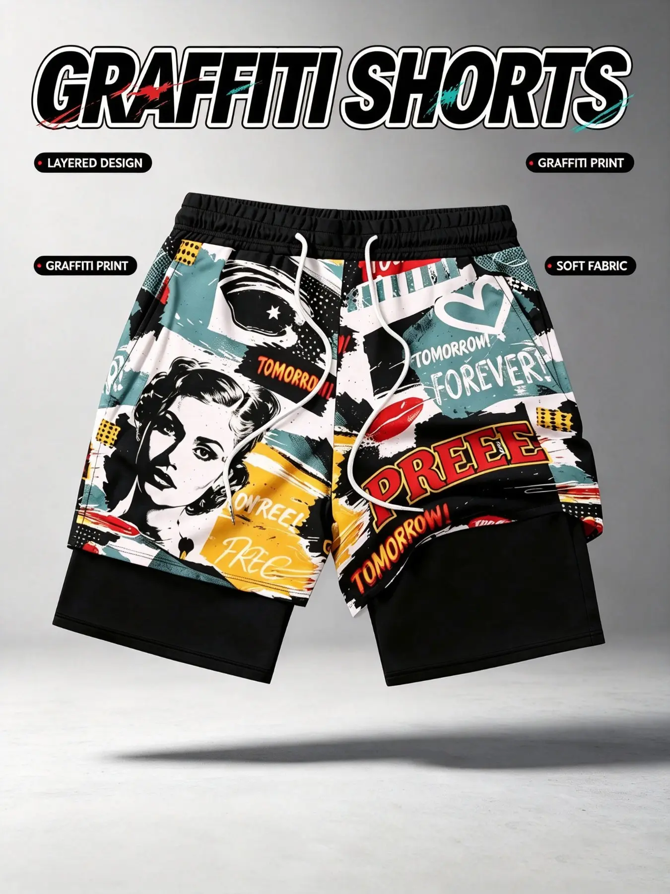 Men's 2-In-1 Quick-Dry Beach Shorts, Swimwear Shorts, Swimming Shorts, Vintage Patchwork Poster Design, Heart Text Print, Drawstring Waist, Pocket Street Swim Trunks