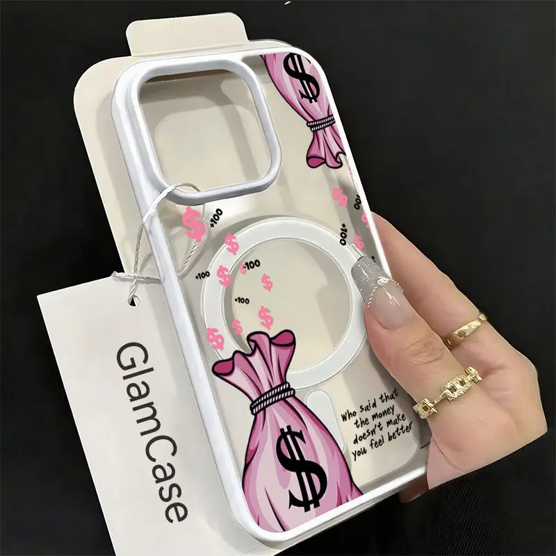 Pink Money Bag Illustration Phone Case, Luxurious Wealth Aesthetic Style for iPhone 17 16 15 14 13 12 11 Plus Pro Max, Ideal Gift.