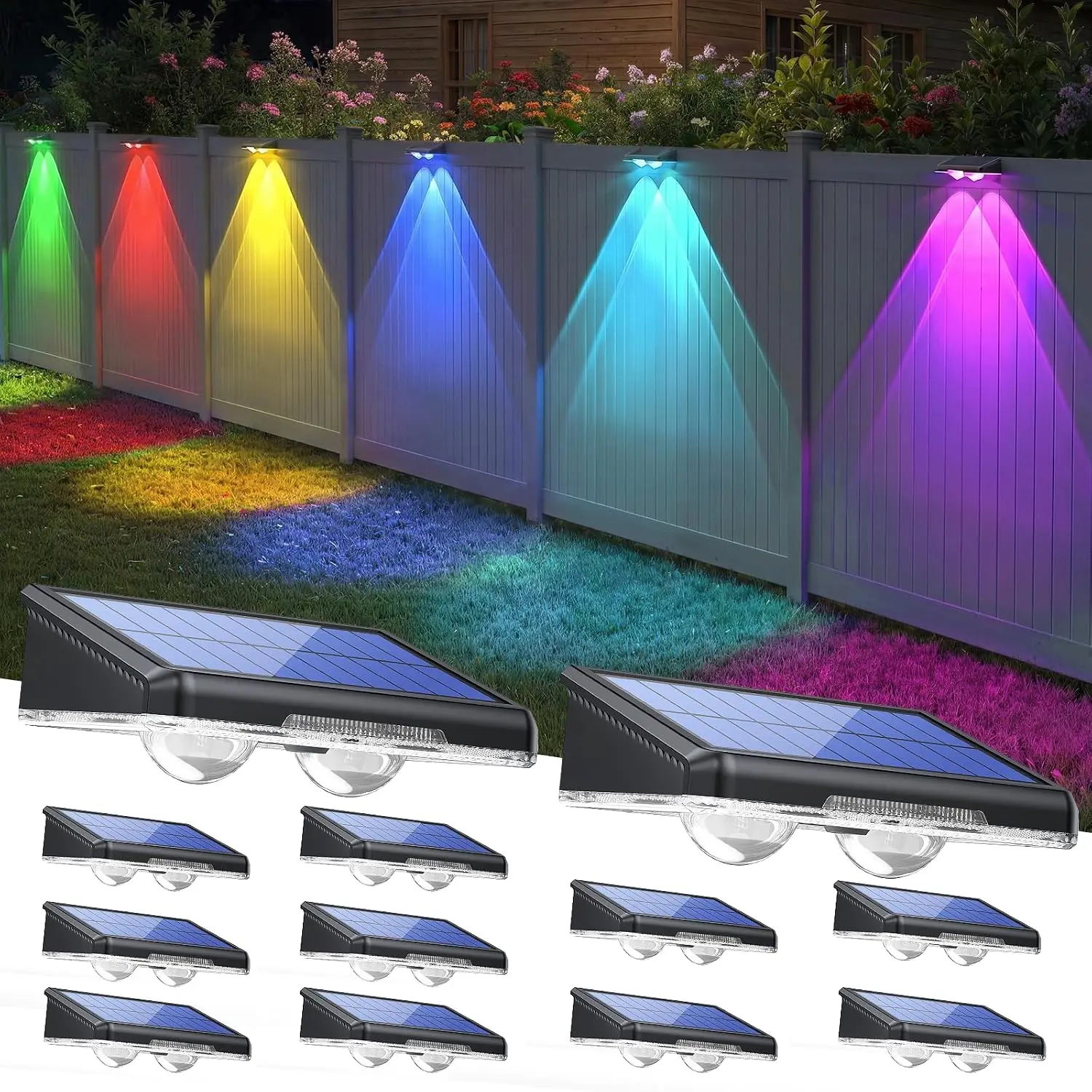 Outdoor Solar Fence Lights 12 Pack - Warm White & 6 Colors & RGB, IP66 Waterproof LED Deck Light, Dusk to Dawn Auto On/Off for Wall, Railing, Step, Patio, Pool, Backyard