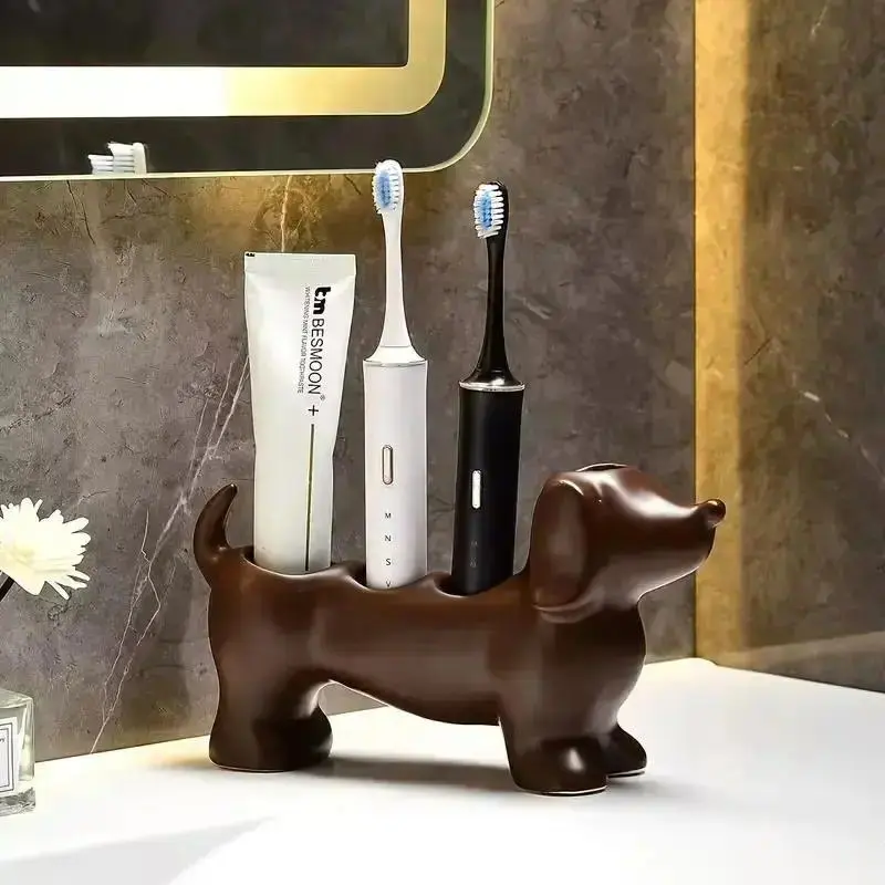 Cute Sausage Dog PLA 3D Printed Toothbrush Holder Stand, Creative Bathroom Countertop Organizer For Toothbrushes And Toothpaste, Stylish Household Vanity Storage Accessory