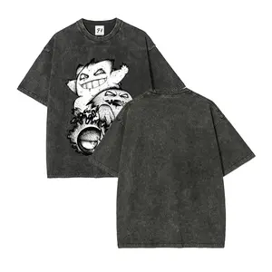 Unisex Plus Size Summer Washed Graphic Tee, Single-Sided Black Sketch Style Cute Monster Creature Stack With Splash Smoke Graphic Print, 100% Cotton Round Neck Casual Oversized T-Shirt, Men Women Y2K Streetwear Top