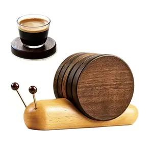 Wooden Coasters for Drinks, Natural Wood Snail Coaster Set of 5, Magnetic Design with Storage Holder, Heat Resistant Cartoon Cute Cup Mat, Modern Home Decor Table Accessory for Coffee Table, Ideal for Tea Cup Coffee Mug Daily Home Decoration