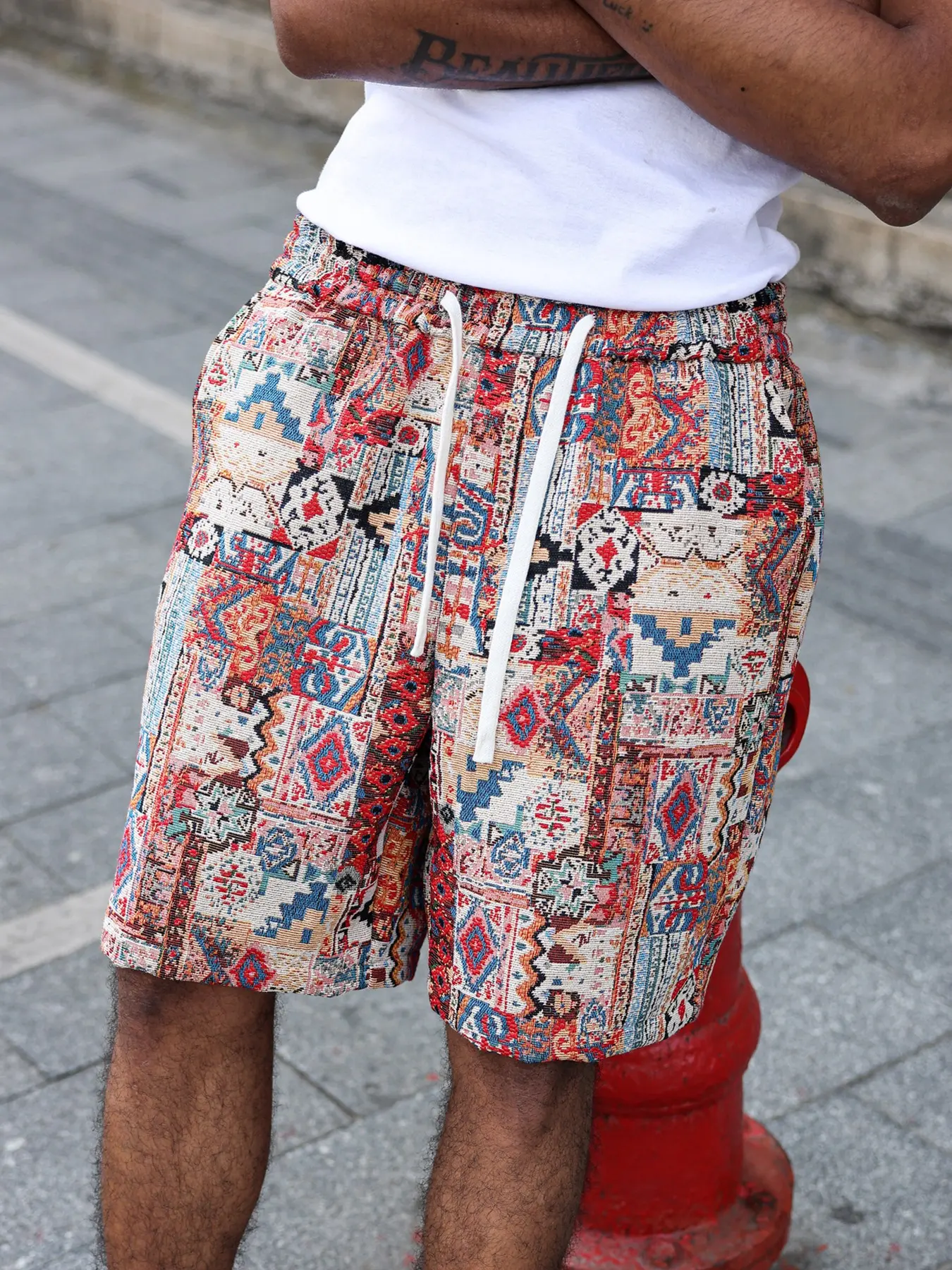 Men's Ethnic Style Knitted Shorts, Elastic Waist with Drawstring and Pockets, Casual Summer Wear, Loose-Fitting, All over Print