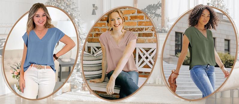 Danedvi Women's V Neck Chiffon Blouses Cap Sleeve Shirts Casual Loose Work Office Solid Tops Chic Polyester