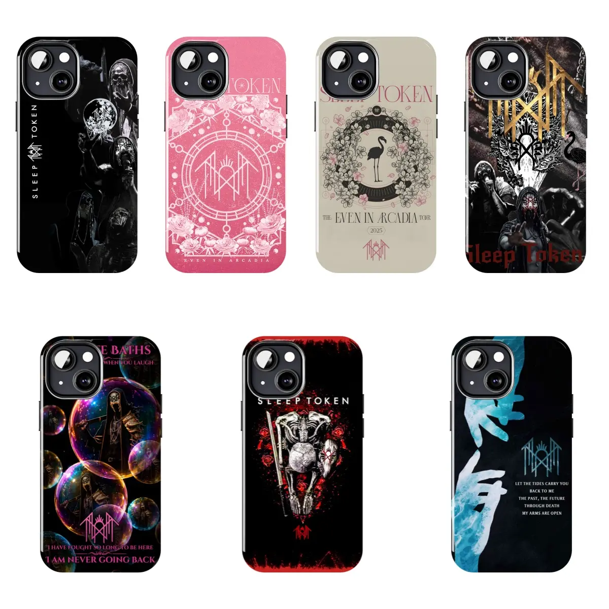 Sleep Token Even In Arcadia Tour iPhone Case, Gothic Floral Skull Band Logo Print, Shockproof Protective Case, Multi-color Pink and Black Pastel Trendy Metallic Phone Case, Compatible for iPhone17 ProMax /16/15/14/13/12/11 Plus for Samsung phones,