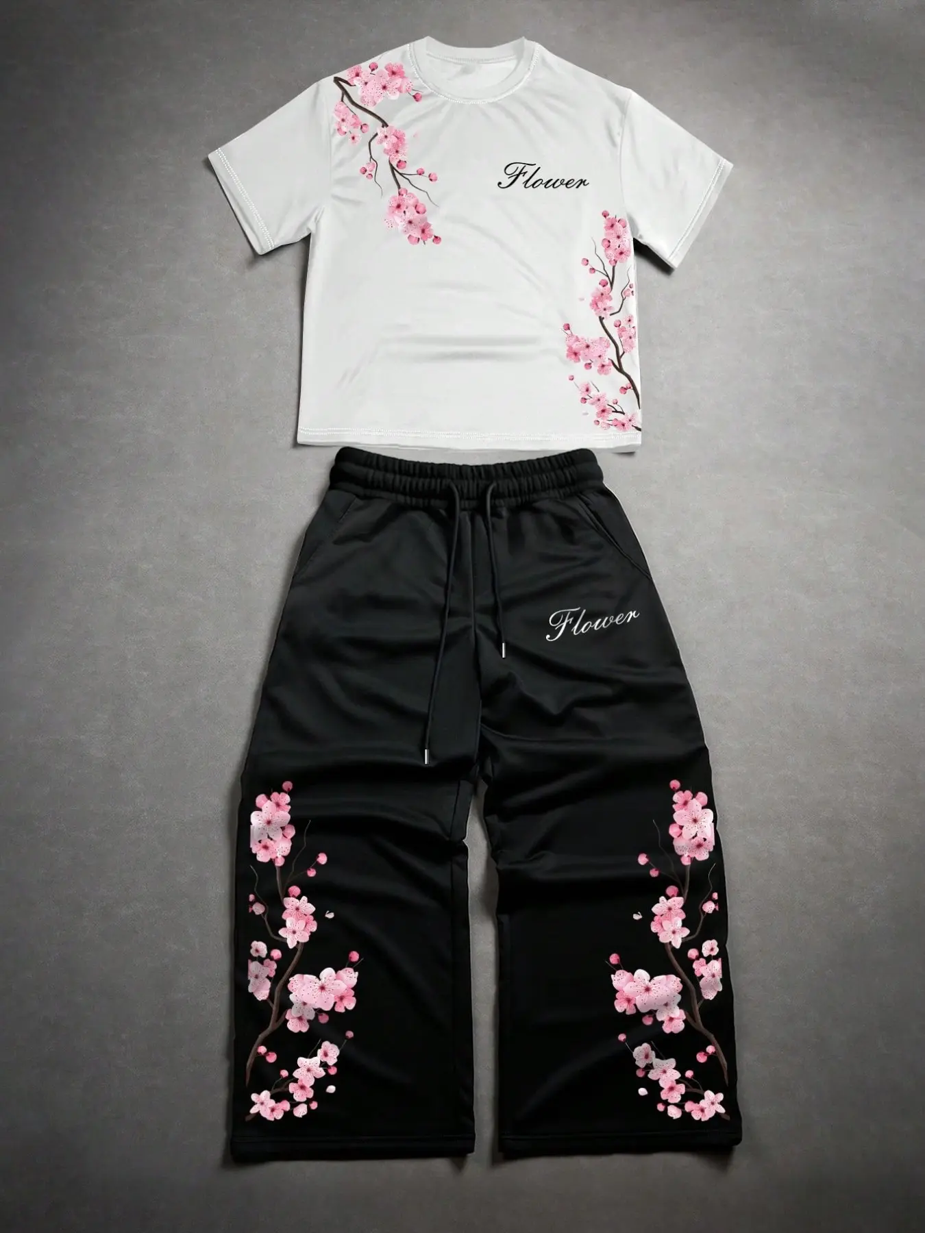 Sakura Cherry Blossom Chinese Character Print White T Shirt & Black Drawstring Wide Leg Pants Two Piece Set Unisex Japanese Oriental Casual Matching Outfit