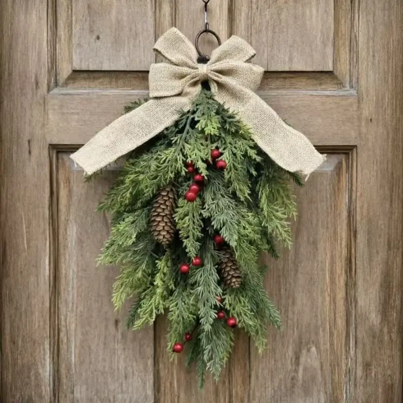 Christmas Wreath for Front Door – Festive Winter Teardrop Wreath with Red Berries, Pine, and Bow; Suitable for Walls, Doors, Staircases, and Windows – Indoor Christmas Wreath
