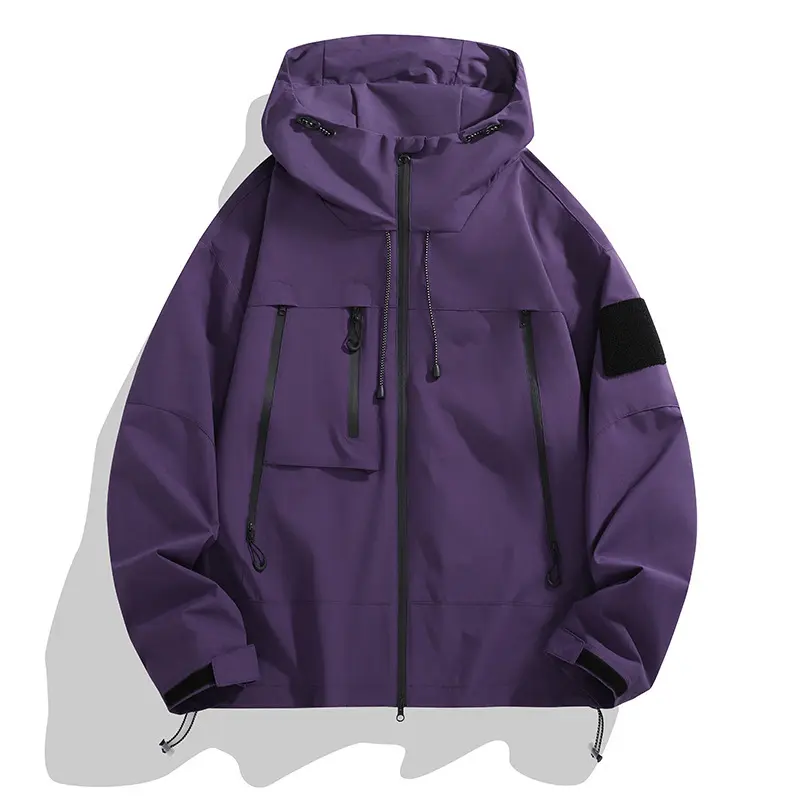 men purple hiking jacket, tactical hooded windbreaker, multi zipper pocket outdoor coat, adjustable drawstring outerwear, sleeve hook and loop patch wind jacket, casual camping windbreaker