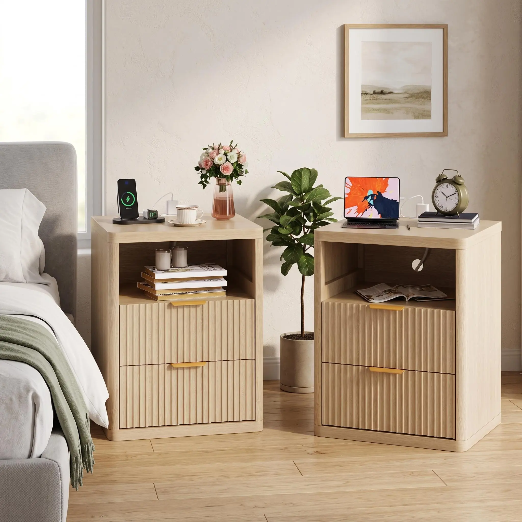 IdealHouse 2-Piece Mid-Century Modern Fluted Nightstands with Charging Station, 2 Drawers, Open Storage, Metal Handles, Rounded Corners for Bedroom, Living Room, Nightstand