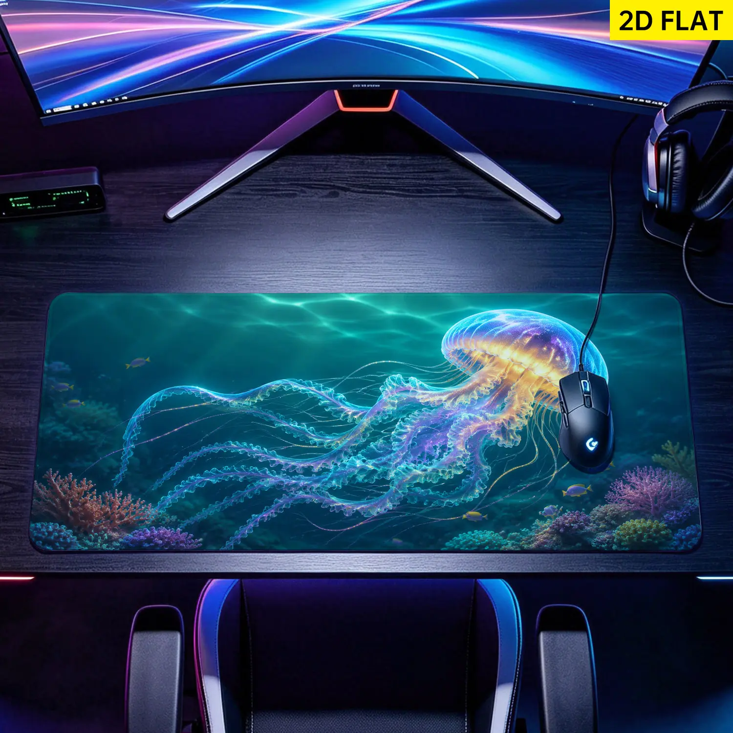 Extra Large Neon Jellyfish Underwater World Mouse Pad,Non Slip Rubber Pad,Desktop Decoration Drotection Pad,Washable,Lock Edge Multi Size,Premium Multipurpose Mousepad For Office,Home,Gift for Family and Friends