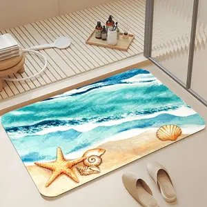 Hand Painted Watercolor Beach Wave Starfish Seashell Soft Diatomite Bath Mat 16*24 Inch |   Instant Water Absorbing Non Skid Anti-Mold Shower Rug Stylish Coastal Nautical Ocean Bathroom Decor Mat for Beach & Summer Lovers