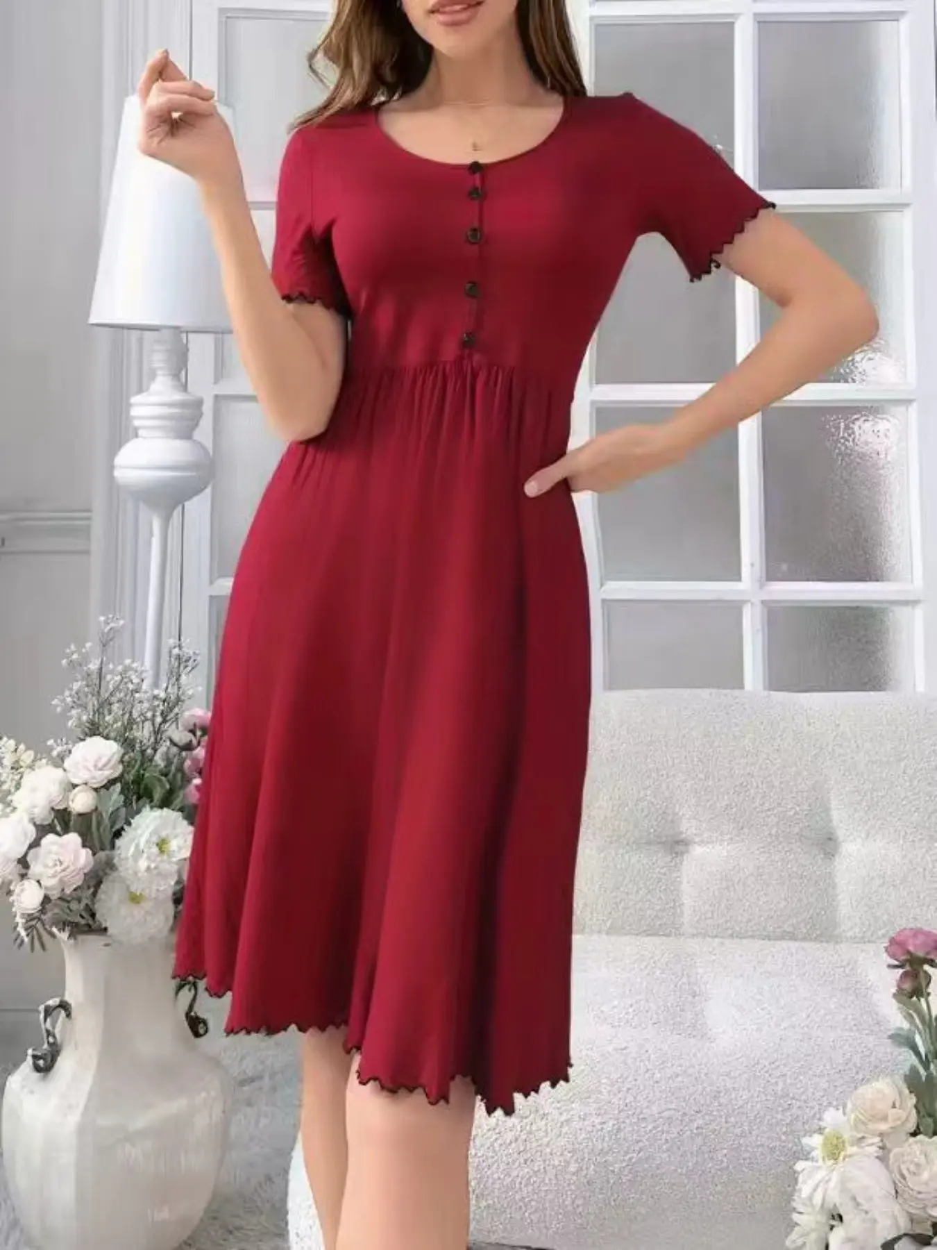 Plus Size Women's Round Neck Button Decor Short Sleeve Dress, Wood Ear Hem Waist Ruched Knit Casual Dress, European Style, Bohemian, Casual Wear