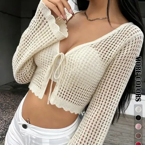 Women's Plain Hollow Out Tie Front Crop Cardigan, Casual Chic Feminine Flounce Long Sleeve V Neck Cover Up Tops, Knitwear for Spring & Fall, Women's Knit Clothing for Daily Wear