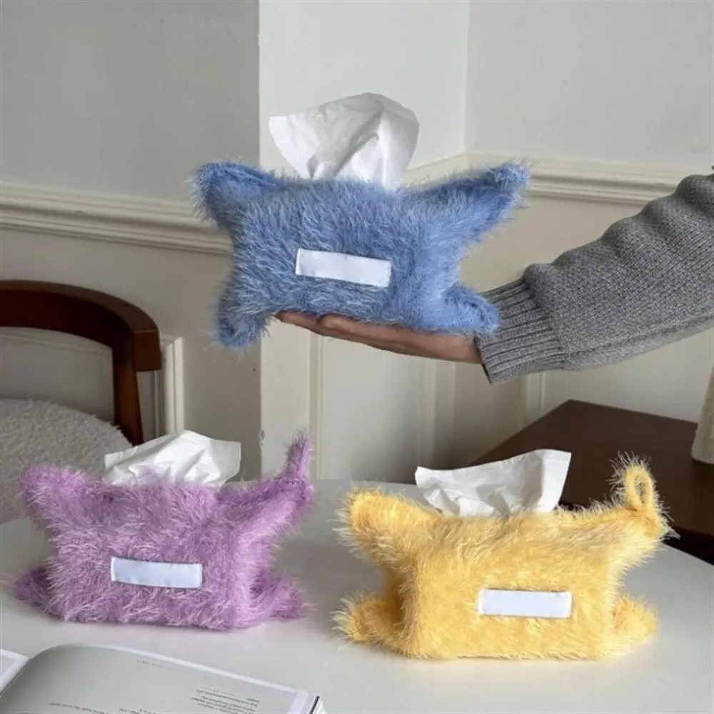 Cute plush tissue box cover featuring soft cartoon-style ears; an adorable, decorative tissue holder perfect for organizing tissues on tabletops or in bedrooms—ideal for homes and dormitories.