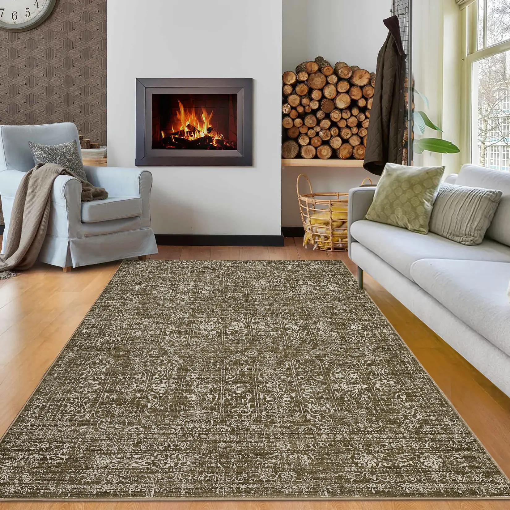 Washable Area Rug- Vintage Non-Slip Soft Carpet for Living Room, Bedroom, Dining Room, Mark Resistant, Pet Friendly, Non-Shedding, Easy to Clean, Collapsible Floor Cover