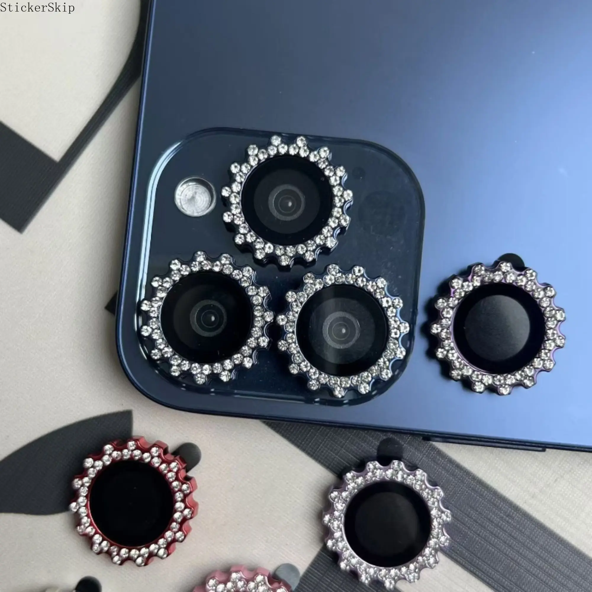 2026 Silver Diamond Gear Shaped Tempered Glass Camera Lens Protector Set, Sparkly Rhinestone Single Lens & Gear Lens Covers, Anti-Scratch Camera Film Compatible with iPhone 11/12/13/14/15/16 All Series