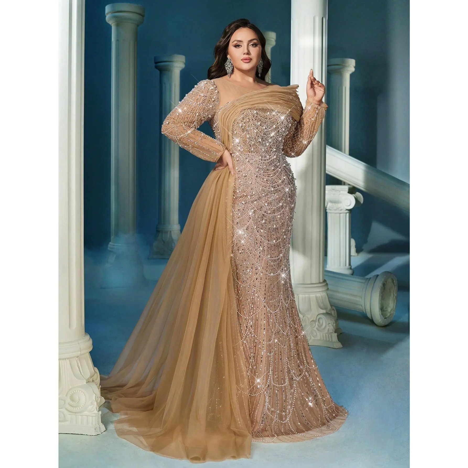 Women's Asymmetric Draped Long Sleeve Dresses - Full Beaded Mesh Crew Neck Formal Gown with Chain Sequins, Side Oversize Train (Sports & Outdoor Clothing)