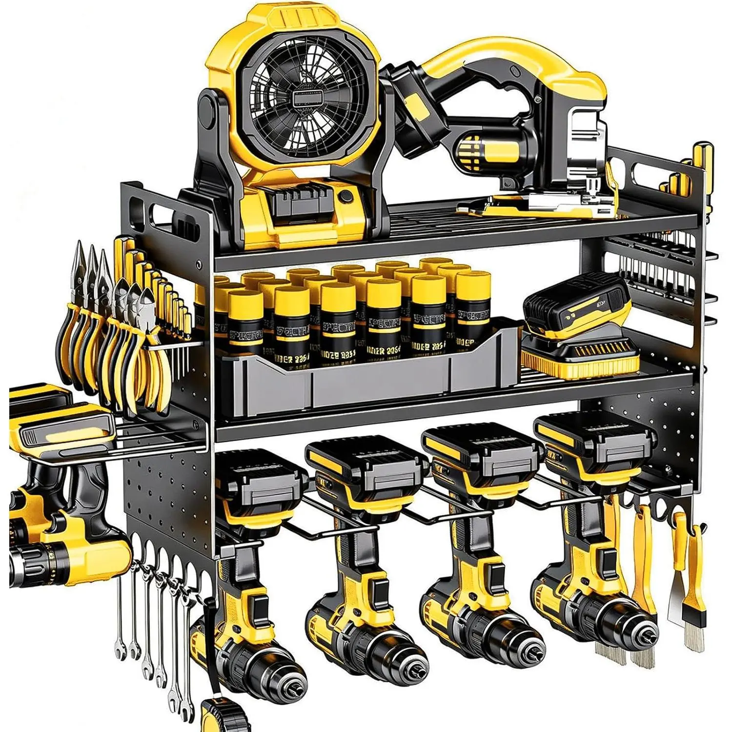16.5“W Power Tool Organizer Wall Mount,Small Cordless Tool Organizer with 6 Drill Holder, 150 Lbs Capacity 3-Layer Garage Organization for Garage and Workshop (Black)