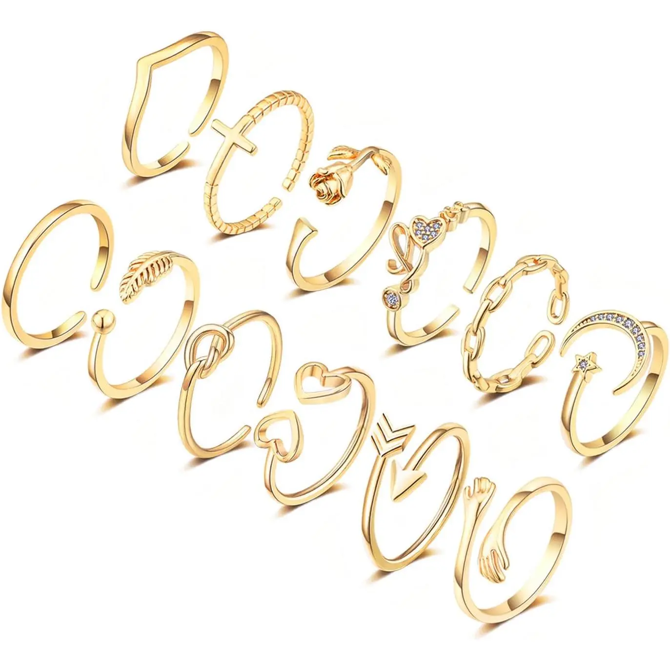 12PCS Adjustable Knuckle Rings for Women 14K Gold Plated Silver Simple Stacking Rings Pack Open Knot Star Moon Butterfly Dainty Thumb Ring Set for Women