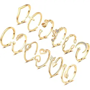 12PCS Adjustable Knuckle Rings for Women 14K Gold Plated Silver Simple Stacking Rings Pack Open Knot Star Moon Butterfly Dainty Thumb Ring Set for Women