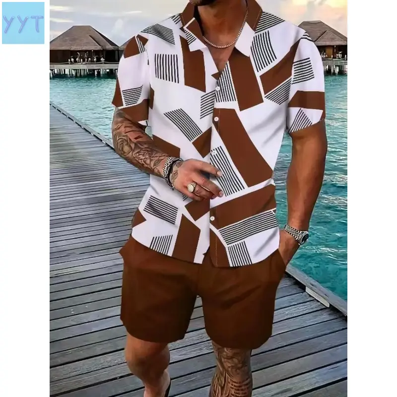 YYT1  Two piece matching set of men's printed shirt and shorts, regular fit casual short sleeved collar top and shorts, beach vacation tropical men's clothing, versatile daily casual wear, Shorts Set Outfit, Match Style Set, Menswear