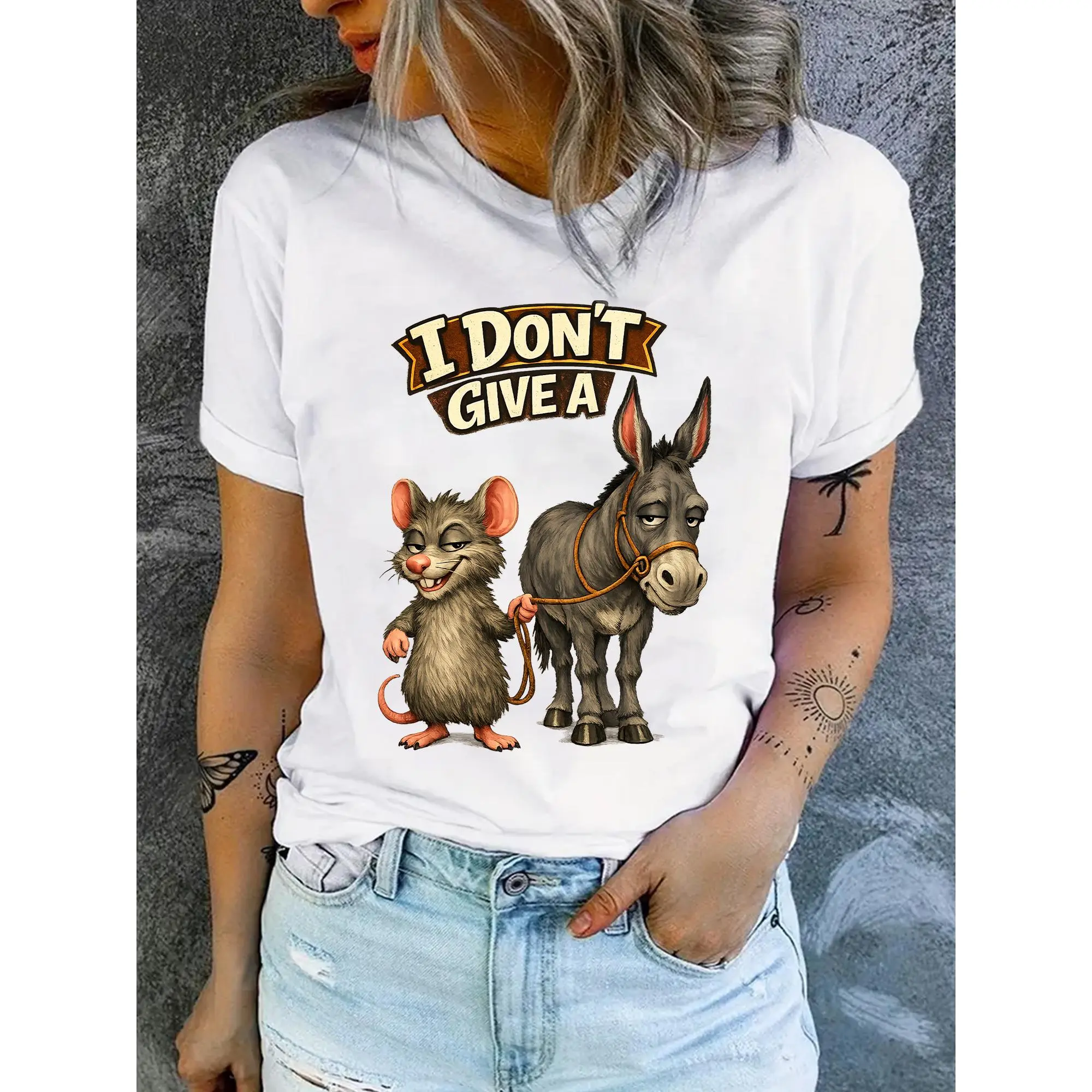 100% Cotton Women Round Neck Short Sleeve T-Shirt, I Don’t Give A Funny Rat And Donkey Cartoon Graphic Front Print Loose Casual Tee, Sassy Humorous Animal Soft Breathable Summer Daily Wear Top Gift