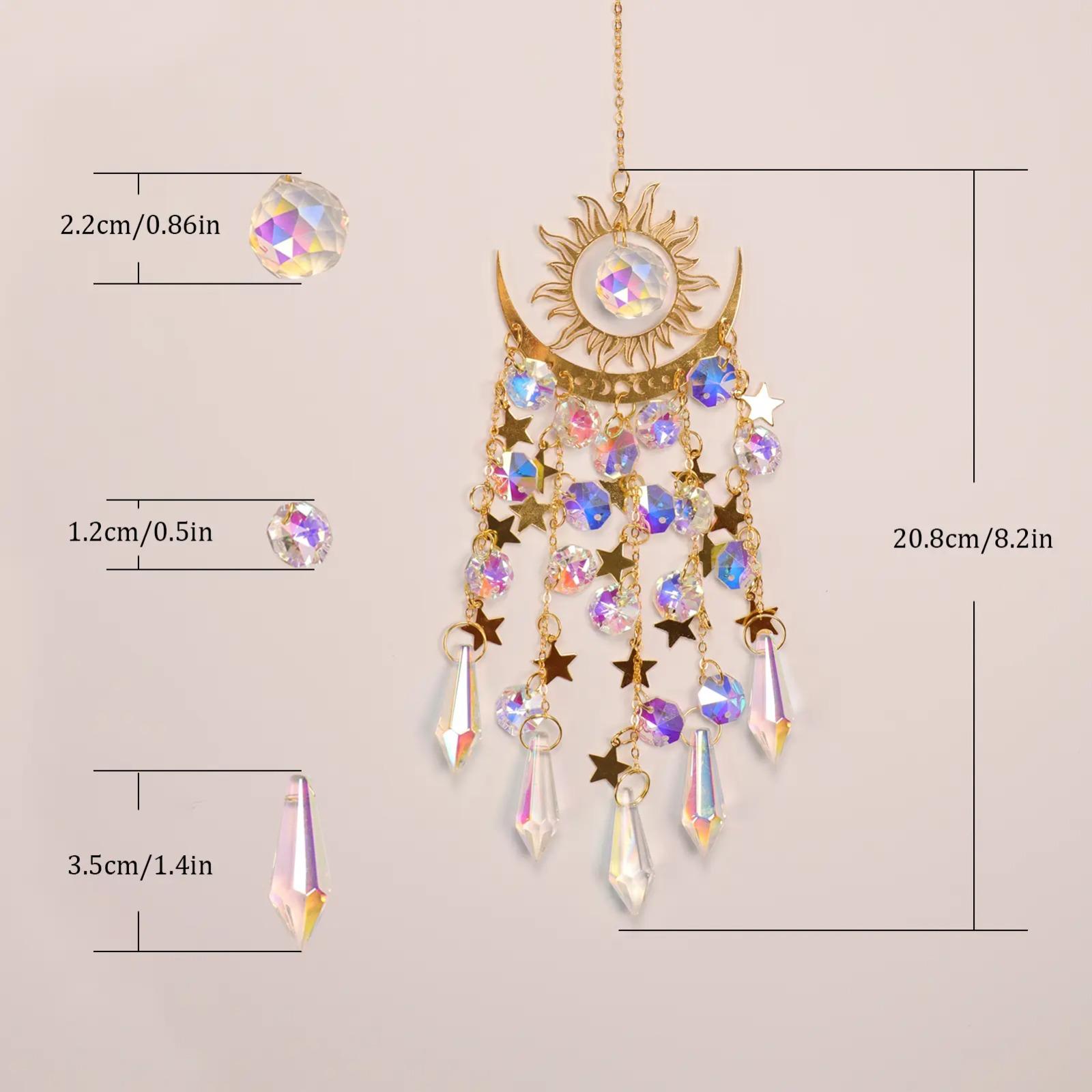 Golden Flame Moon Crystal Suncatcher Hanging Decor, AB Color Prism Wind Chime Pendant for Outdoor Garden & Window, Sparkling Rainbow Maker Boho Ornament Perfect for Yard, Balcony & Spiritual Gift Giving