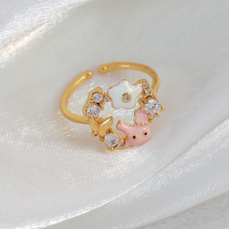 Spring and summer macaron-colored oil-drip flower heart ring with zircon inlay, open niche ring for women, personalized index finger ring