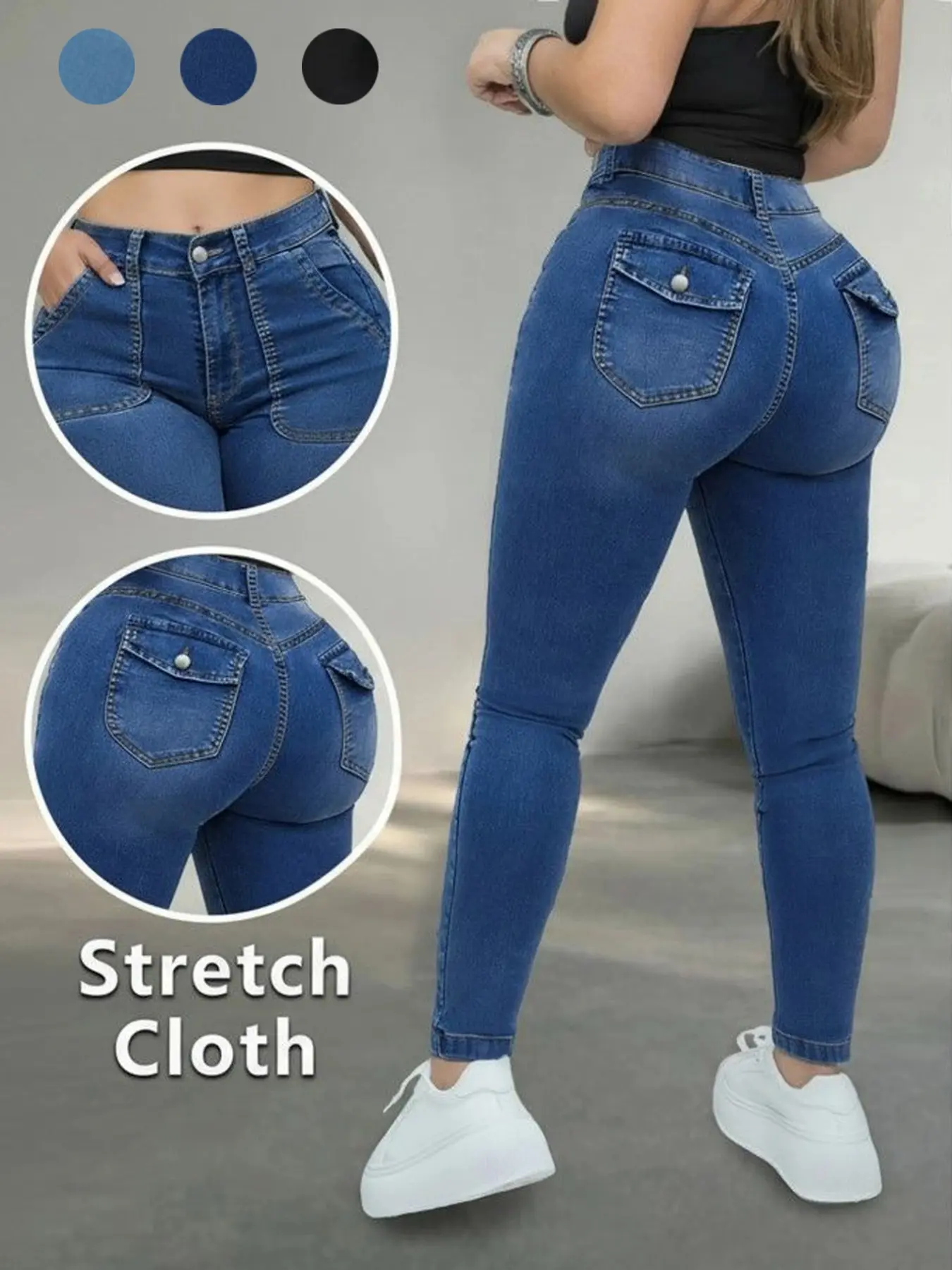 Women's Elastic High-Waisted Slim Fit Jeans, Skinny Pants with Pockets, Perfect for Daily Wear, Ideal for Pear Shape Body Type