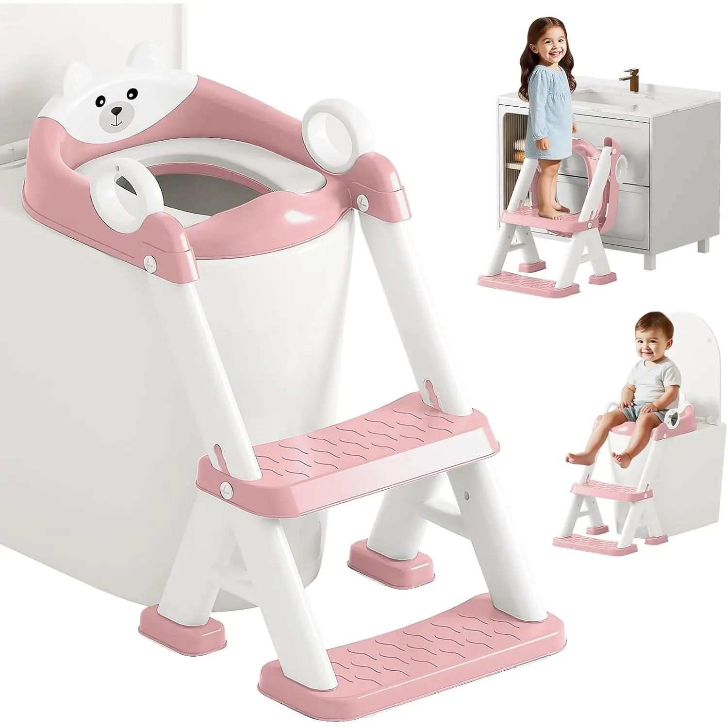 Potty Training Seat,Non Slip Foldable Toilet Training Seat with Soft Cushion, Comtable HandlesUpgrade Toddler Toilet Seat  Kids Boys Girls,Potty Training Toilet Seat with Step Stool Ladder,Pink