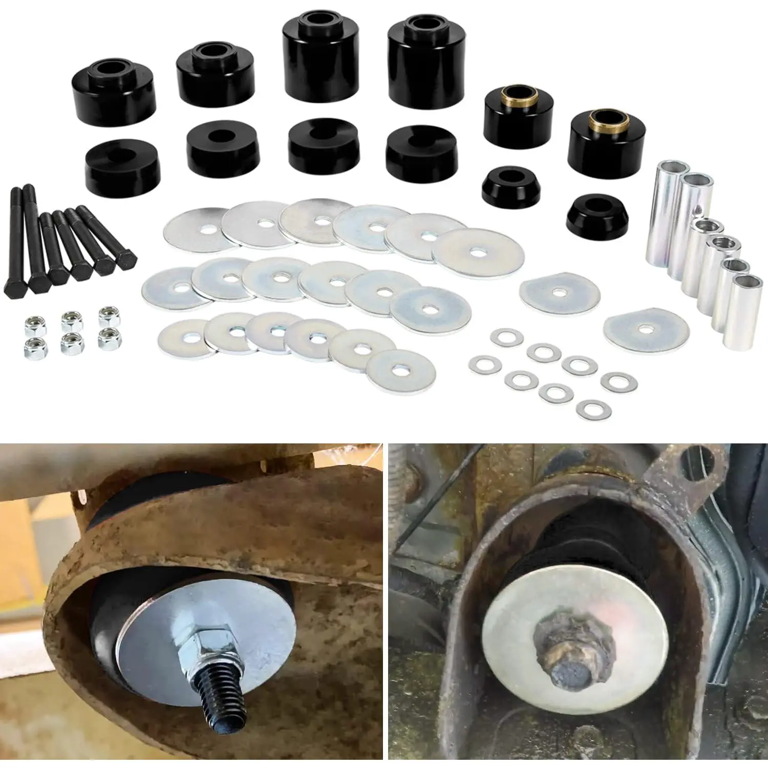 Body mounting bushing kit for Ford F-150 F-250 F-350 1980-1998 2WD 4WD, including polyurethane body cab brackets, steel bushings and accessories