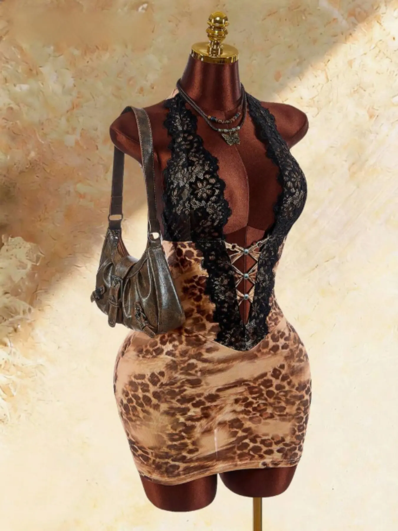 Women's Halter Neck Lace Inverted V Waist Double Layer Hem Mini Dress, Sexy Boho Style For Vacation Club Night Out Party Rave Leopard Print Mesh dress Summer Evening Party Dresses