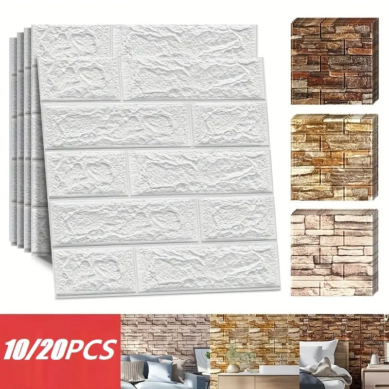 10/20pcs Self-adhesive 3D Wall Tile Sticker, Brick Pattern Foam Self-Adhesive Waterproof XPE Ceiling Sticker, Easy to Stick And Peel, Easy to Clean And Free Cutting, for Kitchen Living Room Bathroom Corridor