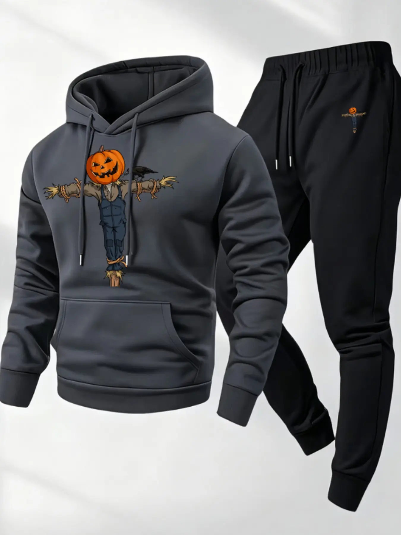 Solid Hooded Drawstring Sweatshirt Set, Ribbed Ankle Hem, Perfect for Late Autumn Winter, Casual Sporty Look, Halloween Dark Style