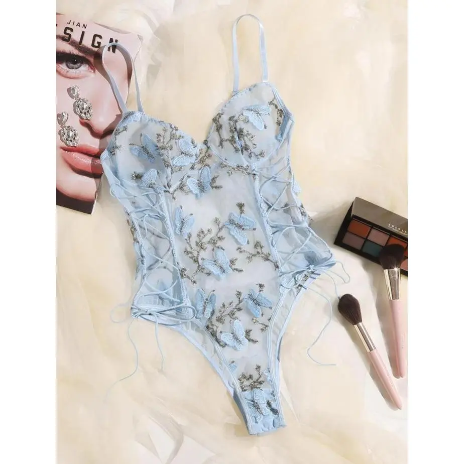 Women's Luxury Romantic Purple Butterfly Embroidered Polyester Light Knit Fabric Print Teddy Bear Bodysuit, Deep V Backless Thong Mesh Jumpsuit, Lingerie
